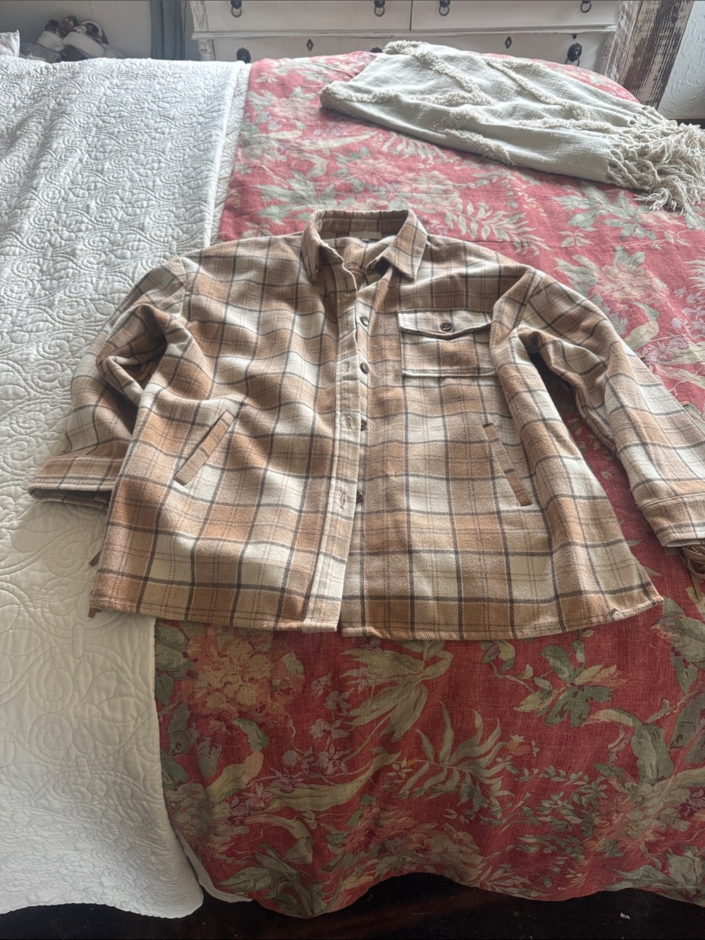 Flying Tomato Tan Plaid Button-Up Shacket